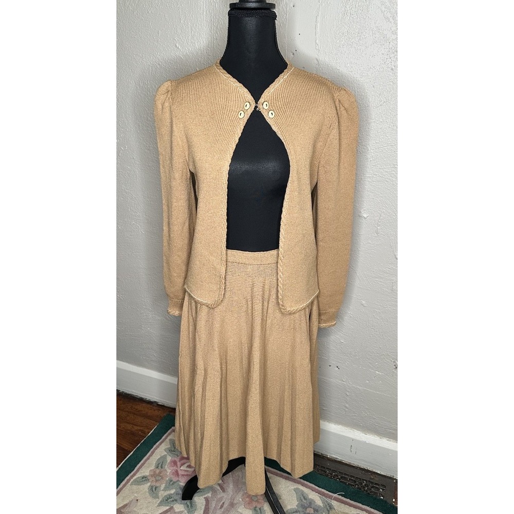 Vintage  St John By Marie Gray Women Camel Knit Cardigan Sweater Skirt Set